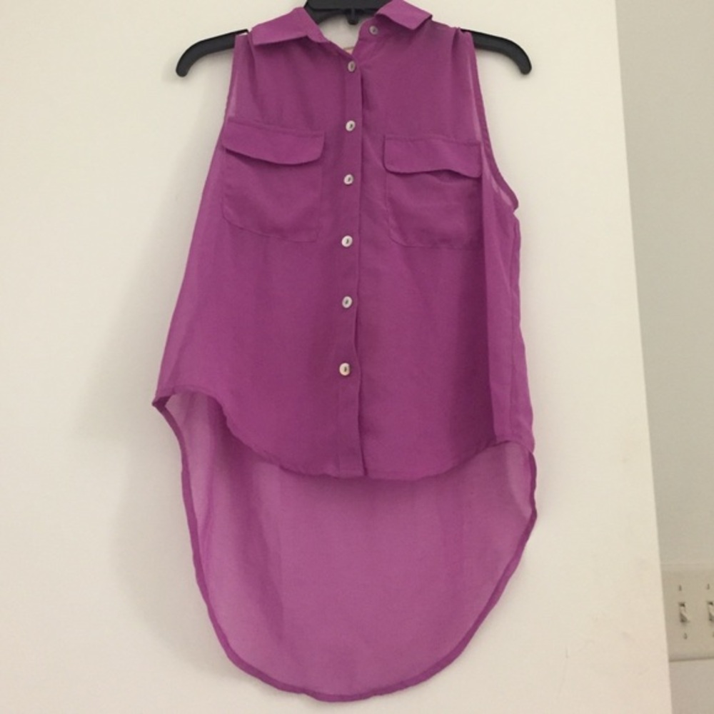 Purple sheer high low button down shirt